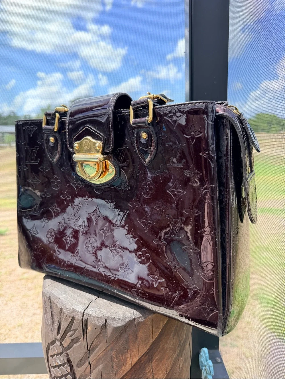 Louis Vuitton Patent Vernis Deep Burgundy Satchel with Gold Hardware
